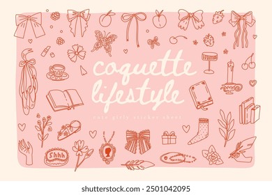 A collection of delicate coquette lifestyle elements. Hand drawn charming doodle coquette aesthetics. Vintage accessories, bows, ribbons and flowers on a soft pink background