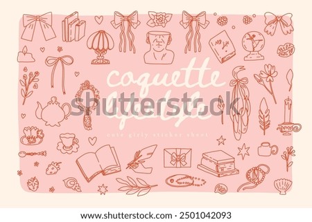 A collection of delicate coquette lifestyle elements. Hand drawn charming doodle coquette aesthetics. Vintage accessories, bows, ribbons and flowers on a soft pink background