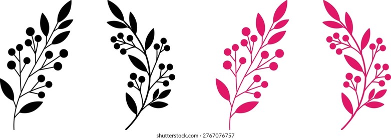 A collection of delicate flower clipart featuring black and pink botanical illustrations, perfect for digital art and design.