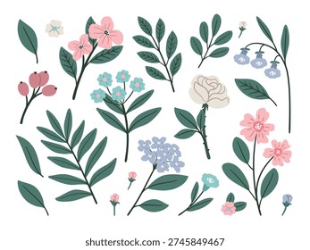 Collection of delicate flowers and branches. Romantic botanical set with green leaves vector illustration