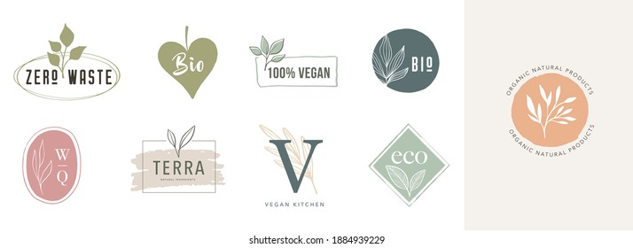 Colección de delicados logotipos e íconos de la alimentación ecológica, productos frescos y naturales de las explotaciones agrícolas, recogida de elementos para el mercado de alimentos, promoción de productos ecológicos, vida sana y calidad de calidad superior