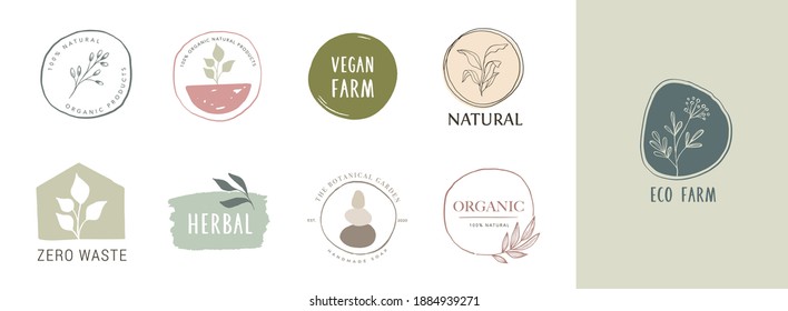 Collection of delicate hand drawn logos and icons of organic food, farm fresh and natural products, elements collection for food market, organic products promotion, healthy life and premium quality