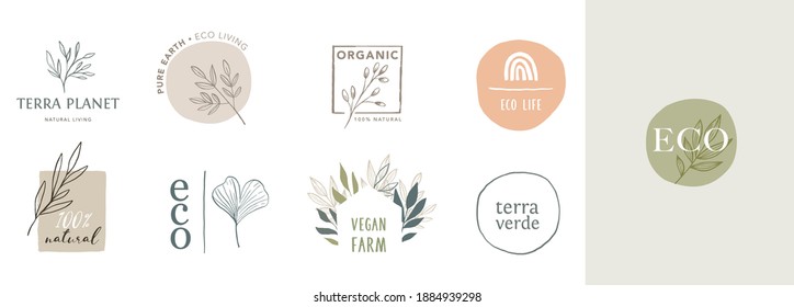 Collection of delicate hand drawn logos and icons of organic food, farm fresh and natural products, elements collection for food market, organic products promotion, healthy life and premium quality