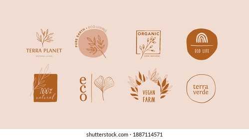 Colección de delicados logotipos e íconos de la alimentación ecológica, productos frescos y naturales de las explotaciones agrícolas, recogida de elementos para el mercado de alimentos, promoción de productos ecológicos, vida sana y calidad de calidad superior