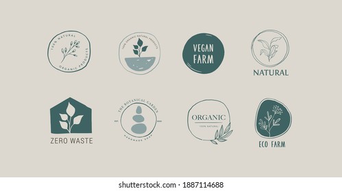 Collection Of Delicate Hand Drawn Logos And Icons Of Organic Food, Farm Fresh And Natural Products, Elements Collection For Food Market, Organic Products Promotion, Healthy Life And Premium Quality