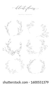 Collection of delicate line drawing vector floral wreaths frames. hand drawn delicate flowers, branches, leaves, blossom. Botanical illustration. Leaf logo