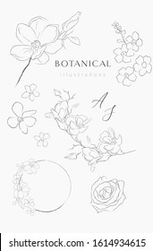 Collection of delicate line drawing vector floral wreaths frames. hand drawn delicate flowers, branches, leaves, blossom. Botanical illustration. Leaf logo. Magnolia, Forget me not, petals