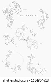 Collection of delicate line drawing vector floral wreaths frames. hand drawn delicate flowers, branches, leaves, blossom. Botanical illustration. Leaf logo. Magnolia, Forget me not, petals