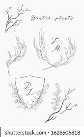 Collection of delicate line drawing vector floral wreaths frames. hand drawn delicate flowers, branches, leaves, winter plants. Botanical illustration. Leaf logo. Wedding heraldry