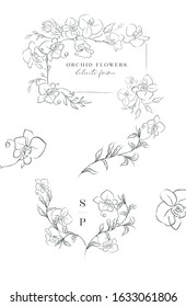 Collection of delicate line drawing vector floral wreaths frames. hand drawn delicate orchid flowers Wedding invitation stationary