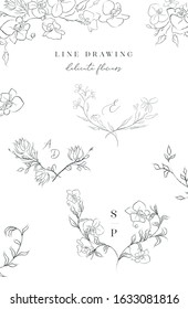 Collection of delicate line drawing vector floral wreaths frames. hand drawn delicate orchid flowers Wedding invitation stationary
