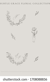 Collection of delicate line drawing vector floral wreaths frames. hand drawn delicate flowers, branches, leaves, plants. Botanical illustration. Leaf logo. Wedding invitation stationary