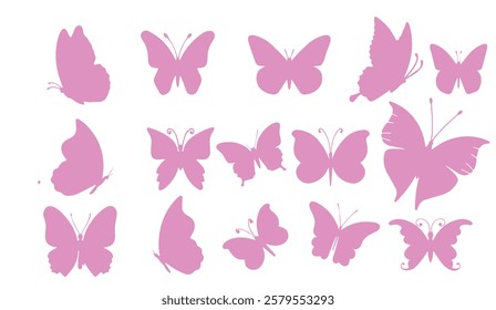 A Collection of Delicate Pink Butterfly Silhouettes, Depicting Various Wing Shapes and Poses Against a Clean White Background, Ideal for Crafts or Design Projects,