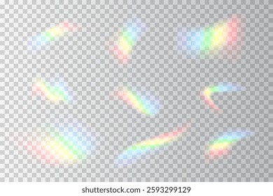 A collection of delicate rainbow flares with soft edges and a blurred glow effect. These colorful reflections mimic light passing through a prism, producing a gentle and magical ambiance.