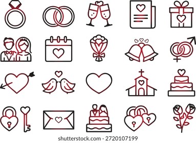Una colección de delicados íconos de línea temática de boda con anillos, vasos de champán, pasteles y corazones sobre fondo transparente profesional de alta calidad