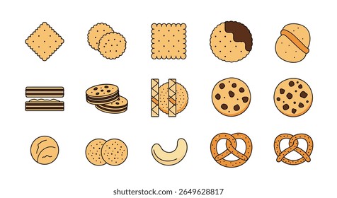 Collection of delicious baked sweet and savory snacks featuring various cookie cracker and pretzel shapes