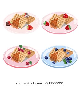 A collection of delicious Belgian waffles with strawberries,blueberries,raspberries,cherries on plates, isolated on a white background.Vector illustration of desserts for the menu of restaurants, bake