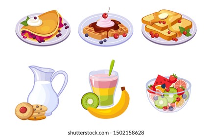 Collection of Delicious Breakfast Meal, Healthy Food and Drinks Different Sets Vector Illustration