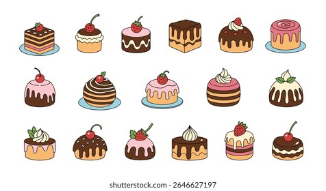 Coleção de deliciosos bolos e pastéis Projeto de ilustração vetorial com morango e cereja