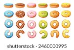 Collection of delicious cartoon donuts with glaze in different twists and turns. Donut side view, turned, top view, bite off. Vector illustration