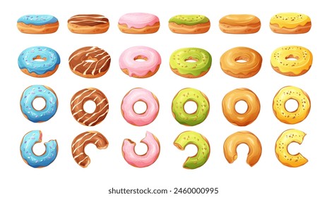 Collection of delicious cartoon donuts with glaze in different twists and turns. Donut side view, turned, top view, bite off. Vector illustration