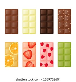 Collection of delicious chocolate, milk, dark, white, green and fruits chocolate on white background. Cartoon style. Vector illustration. Isolated on white. Object for packaging, advertisements, menu.