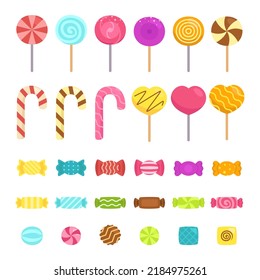 Collection of delicious colorful candies and lollipops in hand drawn illustration style