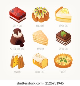 Collection of delicious desserts. Slices of traditional pies, cakes, ice cream and jelly. Decorated with fruit chocolate and nuts. Quiche loraine. Isolated vector images.