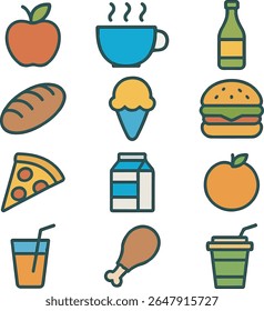 Collection of Delicious Food and Refreshing Drinks in a Simple Cartoon Style