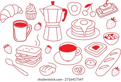 Colección de deliciosos íconos de comida para desayunar dibujados a mano con panqueques de café y bocetos de pasteles