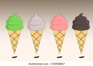 A collection of delicious ice cream with different colors in the waffle cone. Sweet dessert vector illustration