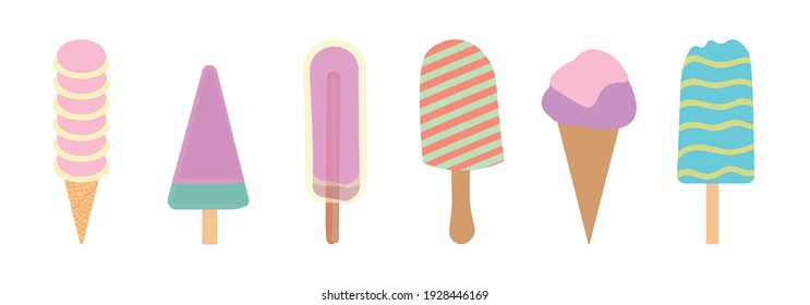Collection of delicious ice cream of various type isolated on light background. Set of tasty frozen creamy desserts decorated with fruits. Bundle of sweet ice cream of different types. 