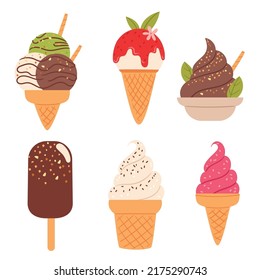 Collection of delicious ice creams of different types isolated on white background. Set of delicious frozen creamy desserts. Cartoon style illustration isolated on white background for menu, banner, f