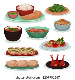 Collection of delicious Indian food, thali, green beans on wheat tortilla, tandoori, roti vector Illustration on a white background