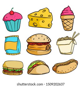 Collection of Delicious Junk Food With Doodle Style