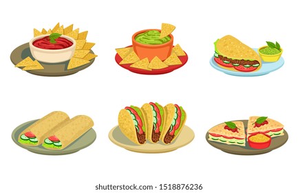 Collection of Delicious Mexican Cuisine Food Dishes, Burrito, Tacos, Nachos Vector Illustration