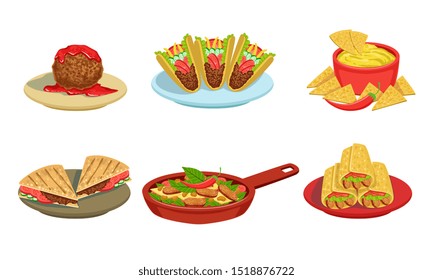 Collection of Delicious Mexican Cuisine Food Dishes, Burrito, Tacos, Nachos, Braised Beans, Meatball Vector Illustration