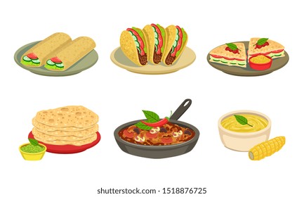 Collection of Delicious Mexican Cuisine Food Dishes, Burrito, Tacos, Maize, Tortillas Vector Illustration