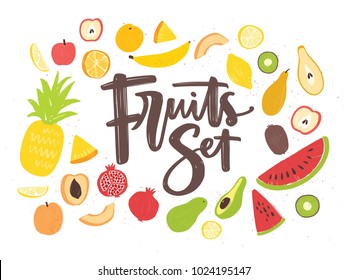 Collection of delicious ripe juicy exotic tropical fruits, whole and cut into slices - pineapple, kiwi, watermelon, banana, apple, orange, lemon, pear, pomegranate, avocado. Vector illustration.