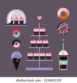 Collection of delicious sweet desserts and cup of coffee Donuts Cupcakes ice cream Colorful icons and design elements Vector illustration