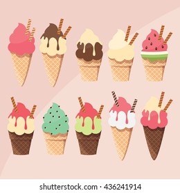 Collection of delicious tasty ice cream scoops and cones, summer treat, vector illustration