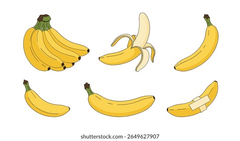 Uma coleção de deliciosas bananas amarelas mostrando várias fases de maturação e preparação para uma alimentação saudável