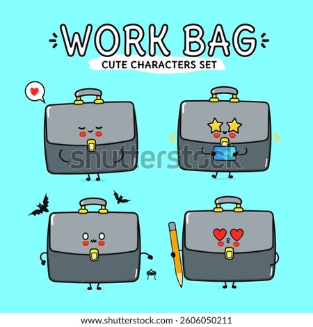 A collection of delightful briefcase characters showcase cute expressions and interactions with playful elements.