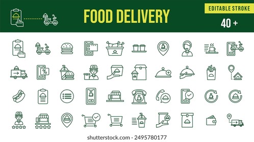 collection of delivery food icons. order restaurant courier burger food chicken with editable lines