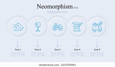 Collection of delivery icons illustrating various aspects of product shipping and delivery. Efficient, reliable, fast. Neomorphism style. Vector line icon