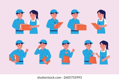 collection of delivery man with blue uniform with packaging and shopping bag, sent parcel, checking , service , sign ,call, and female customer illustration