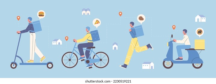 A collection of delivery men delivering goods by various means of transportation.