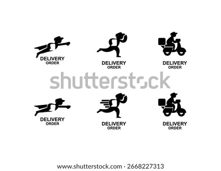 A collection of delivery order icon set in black and white, depicting express service logos with a superhero runner, a speedy delivery man, and a scooter delivery, perfect for businesses