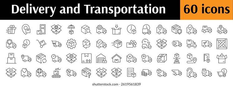 Collection of Delivery Related Line Icons. Transport, Parcel, Cargo, Truck Outline Signs for Graphic and Web Design, Apps, Adverts, Various Cards