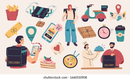 Collection of delivery service, fast food, food delivery, courier service illustrations isolated on white background. Flat cartoon colorful vector illustration.